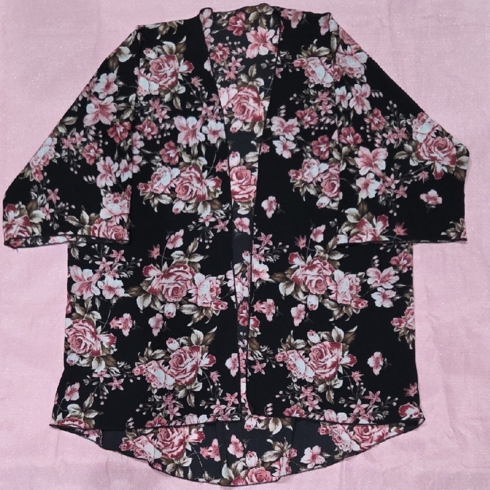 Black Floral Kimono with Pink Roses